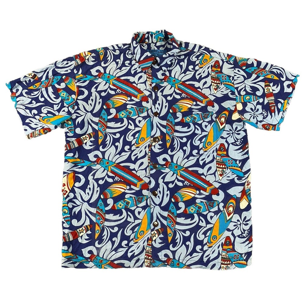 Vtg Holo Holo Hawaiian Surfboard All Over Shirt Blue Colorful Rayon Button Down